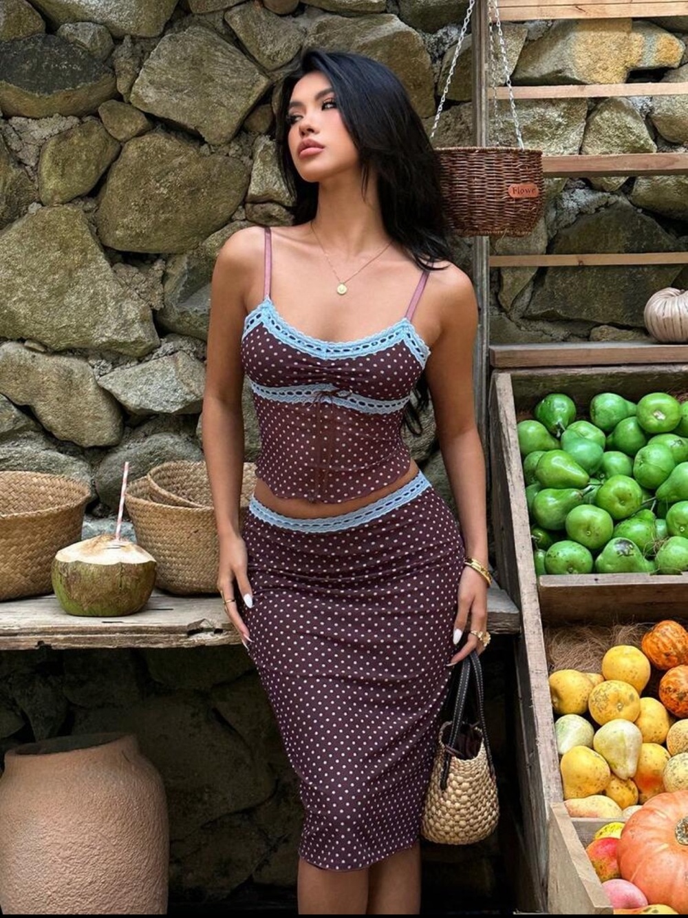 SHEIN Aloruh Women's Lace Trim V-Neck Brown & Blue Polka Dot Contrast Color Cami